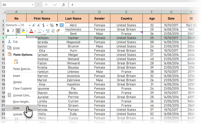 Nascondi righe in Excel