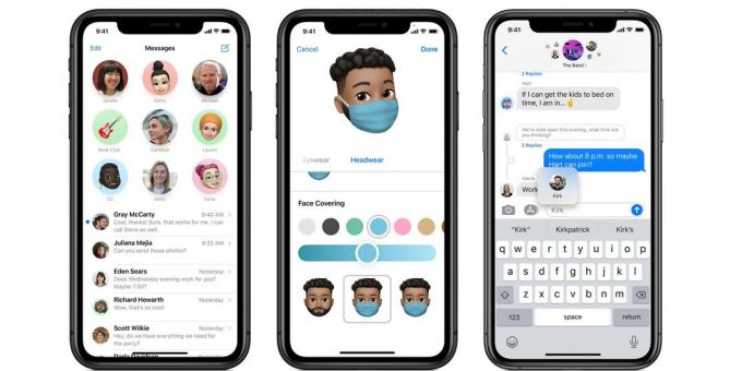 Schermate dell'iPhone dell'app Messaggi di Apple, da sinistra a destra: chat bloccate, maschera facciale per le tue Memoji e menzioni nelle chat di gruppo