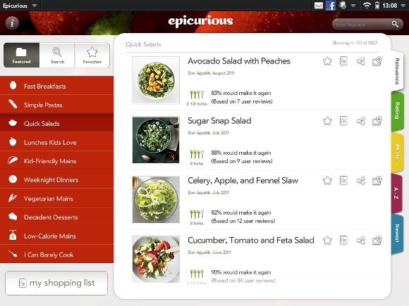 Epicurious: un'app gratuita per tablet e ricette della lista della spesa [iOS, WebOS, Android + Altro] per tablet