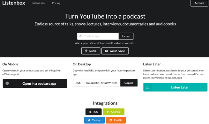ListenBox trasforma i video, i canali e le playlist di YouTube in feed RSS di podcast
