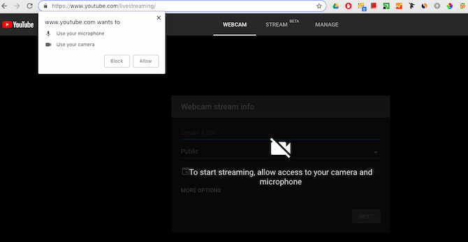 Concedi l'accesso della videocamera allo streaming live su YouTube