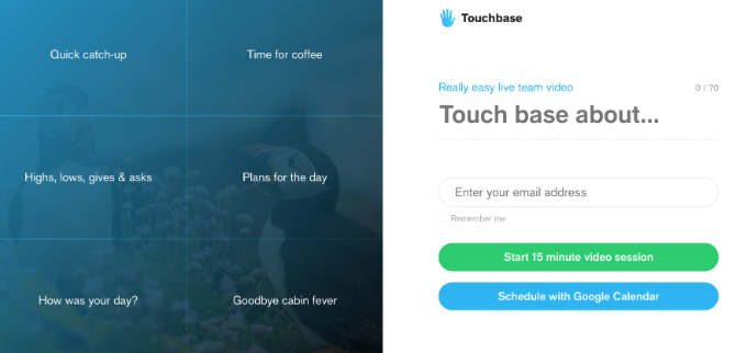 Touchbase impone ai membri del team di tenere riunioni di videochiamate sull'argomento e impone un limite di 15 minuti