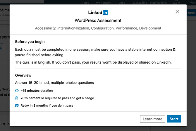 Come avviare un quiz di competenze per le valutazioni delle competenze di LinkedIn