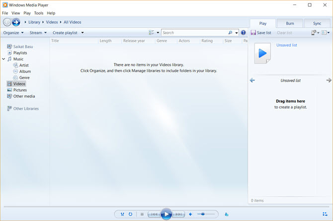 Interfaccia di Windows Media Player 12