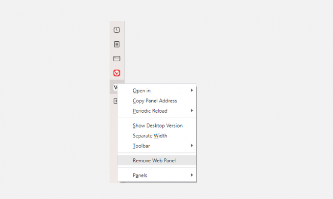 Screenshot che mostra come rimuovere i pannelli web in vivaldi