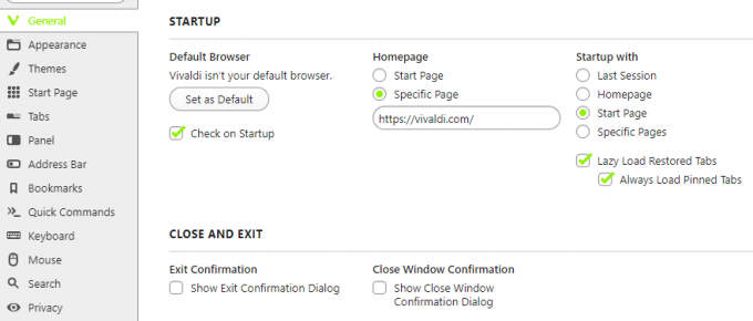 Schermata della scheda Generale della pagina delle impostazioni di Vivaldi