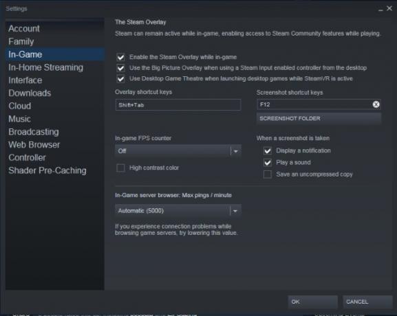 impostazioni di Steam nel gioco