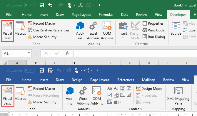 Visual Basic nella scheda Sviluppatore in Microsoft Excel e Microsoft Word