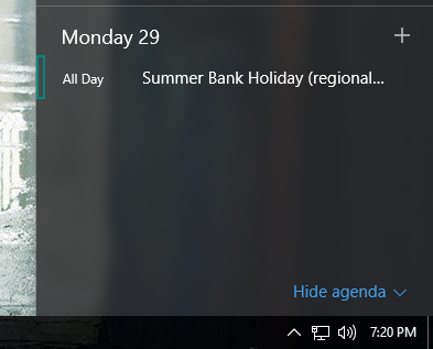 barra delle applicazioni dell'agenda del calendario di Windows 10