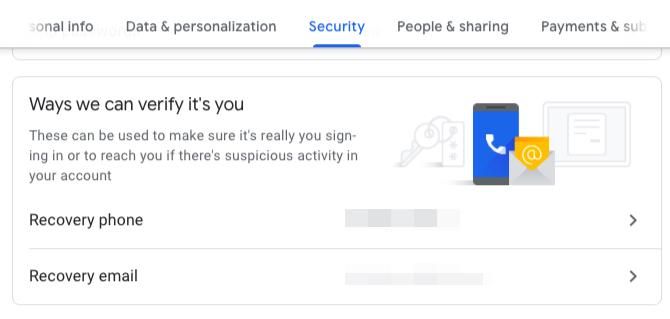 Visualizzazione dell'email di recupero e del numero di telefono nell'account Google