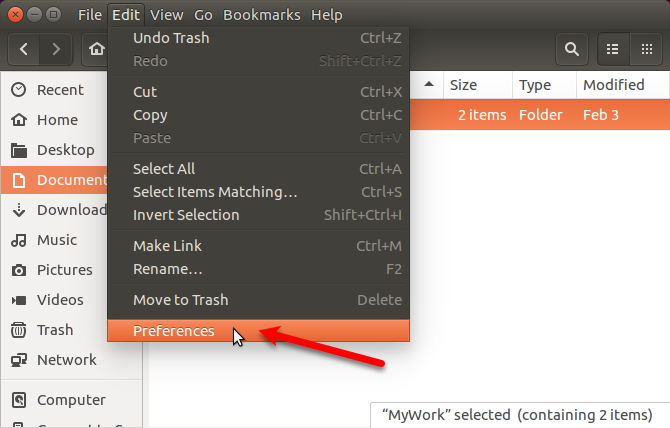 Vai a Modifica> Preferenze in Nautilus in Ubuntu