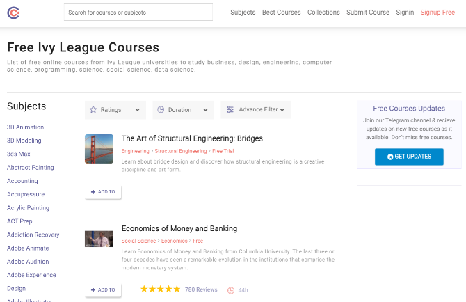 Homepage di Coursesity con una directory di corsi online