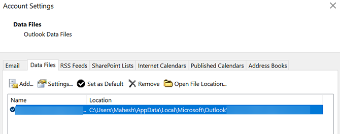 aprire la posizione del file di dati di Outlook