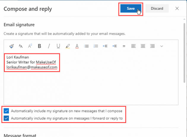 Crea una firma e fai clic su Salva in Outlook in Office 365