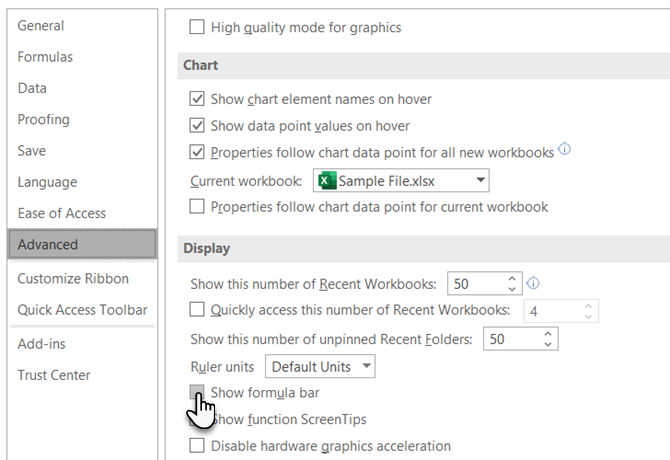 Nascondi la barra della formula utilizzando le Opzioni di Excel