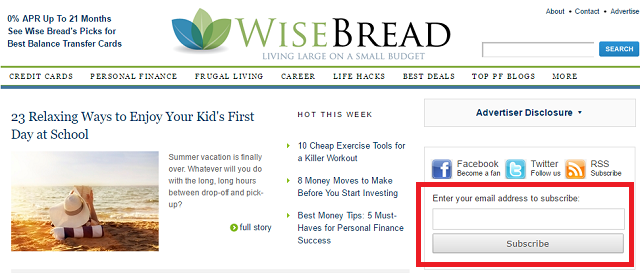 Schermata del sito Web di WiseBread Finance
