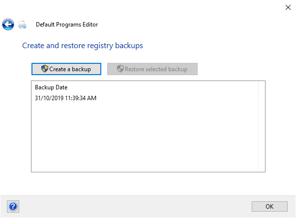 Backup del registro dell'editor di programmi predefinito