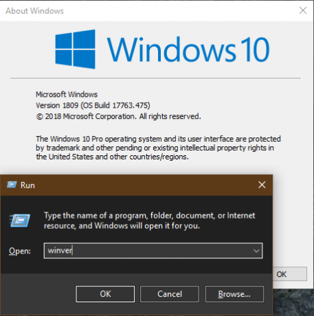 Comando winver di Windows 10