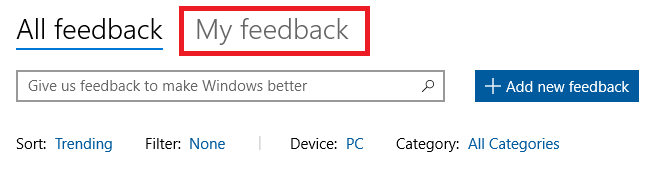 hub di feedback di Windows 10 il mio feedback