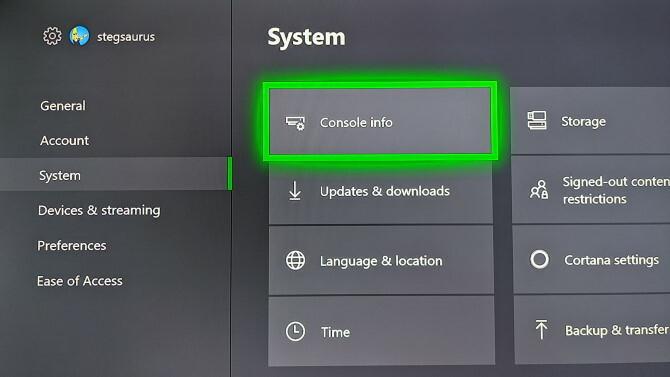 Menu Info console Xbox One