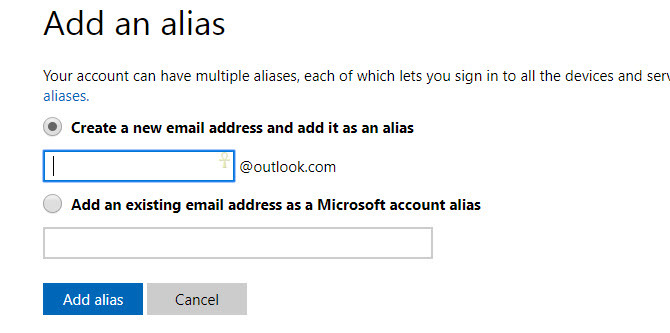 aggiungi un alias - email dell'account microsoft