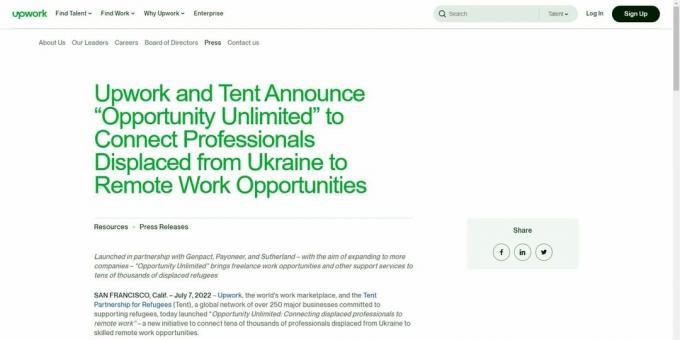 Un'immagine del comunicato stampa di Upwork che annuncia l'iniziativa