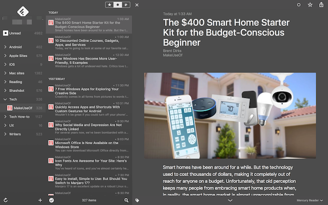 Lettori RSS Mac Reeder vista scura