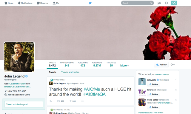 Twitter cambia il design della pagina del profilo - Ancora una volta johnlegend 640x382