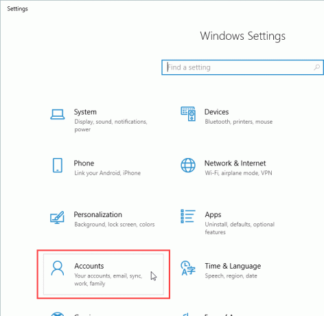 Fai clic su Account in Impostazioni in Windows 10