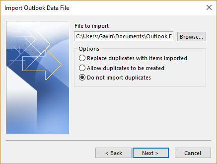 unione di file di dati di importazione di Outlook pst