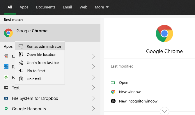 Chrome Esegui come menu di avvio amministratore