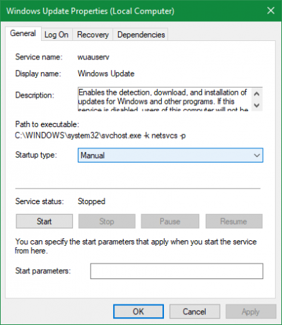 Proprietà del servizio Windows Update