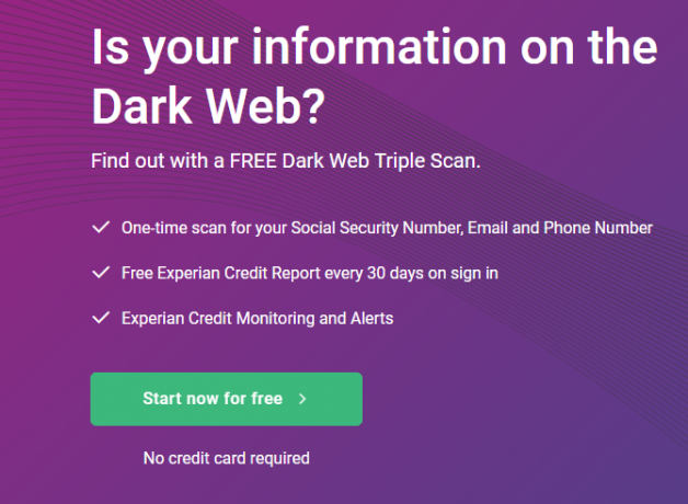 Pagina di informazioni sulla scansione Web di Experian Dark