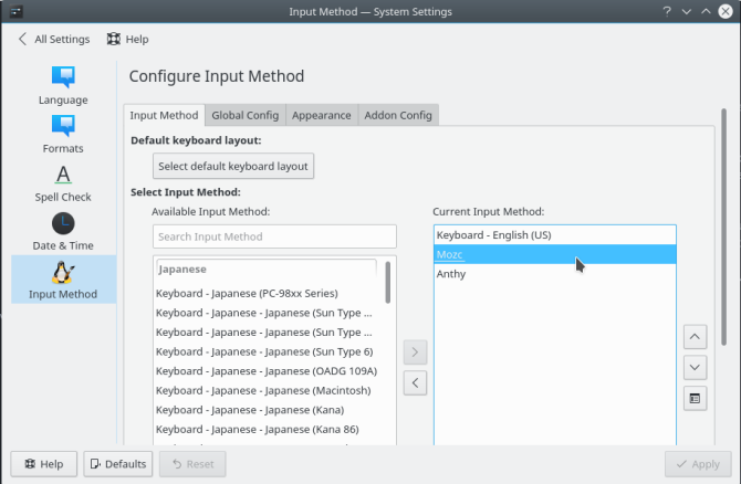 metodo di input di configurazione regionale di kde