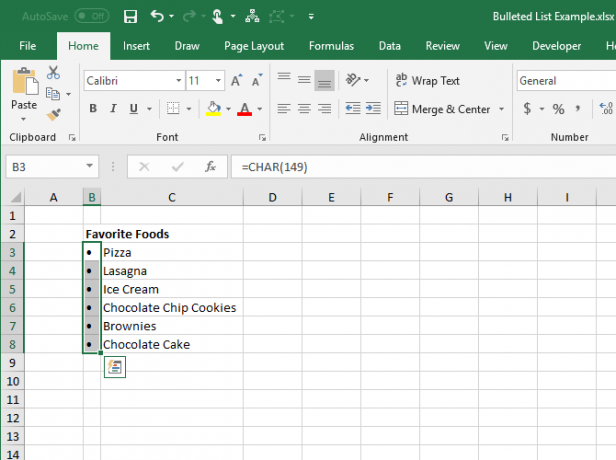 Funzione CHAR immessa nelle celle in Excel