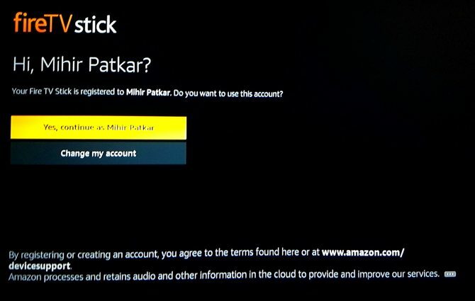 Configurazione di Amazon Fire TV Stick: account Amazon riconosciuto