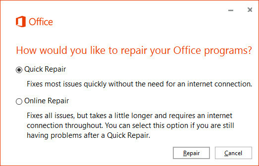 Procedura guidata di riparazione rapida per Microsoft Office