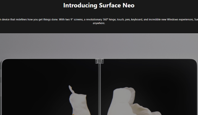 La pagina del prodotto Microsoft Surface Neo dopo il ritardo