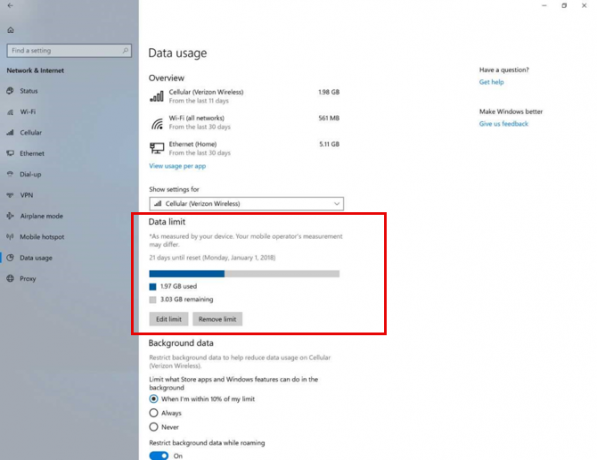 Limite dati di Windows 10