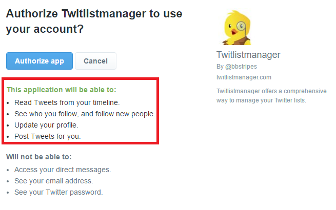 Strumenti di Twitter: dare accesso all'account
