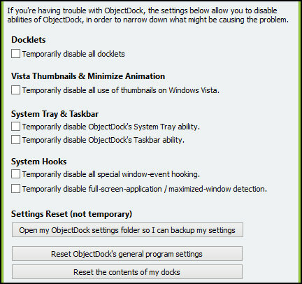 ObjectDock: personalizza rapidamente il tuo desktop e aumenta la sua funzionalità [Windows] Impostazioni ObjectDock Opzioni di risoluzione dei problemi