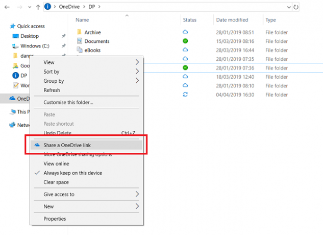 menu di condivisione onedrive