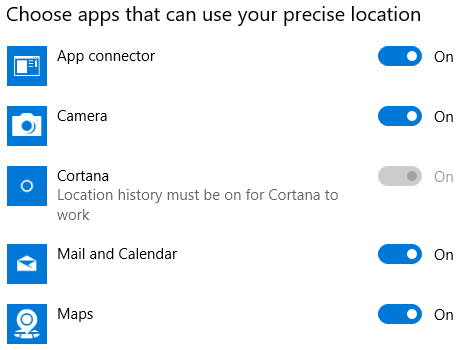 servizi di localizzazione di app per Windows 10