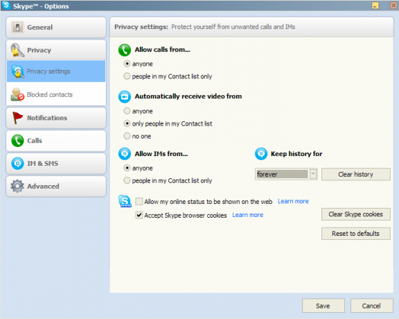 Scheda Impostazioni sulla privacy di Skype
