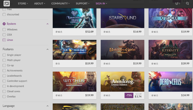 Il sito Web GOG che elenca i giochi disponibili su Linux