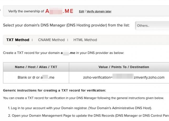 Le istruzioni di Zoho per verificare il dominio