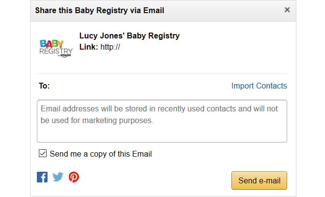 casella di condivisione e-mail del registro di Amazon baby