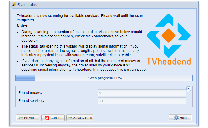 Scansione dei canali di configurazione Web Tvheadend