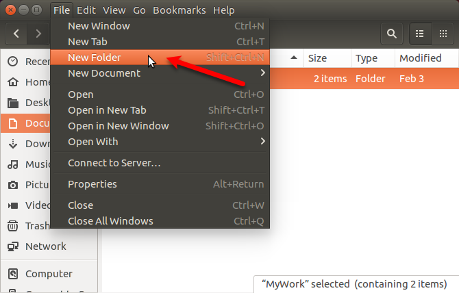 Vai su File> Nuova cartella in Nautilus in Ubuntu