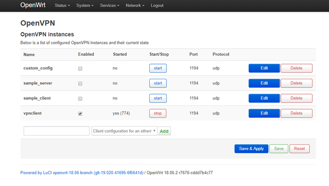 OpenVRT LuCI Dashboard OpenVPN Menu